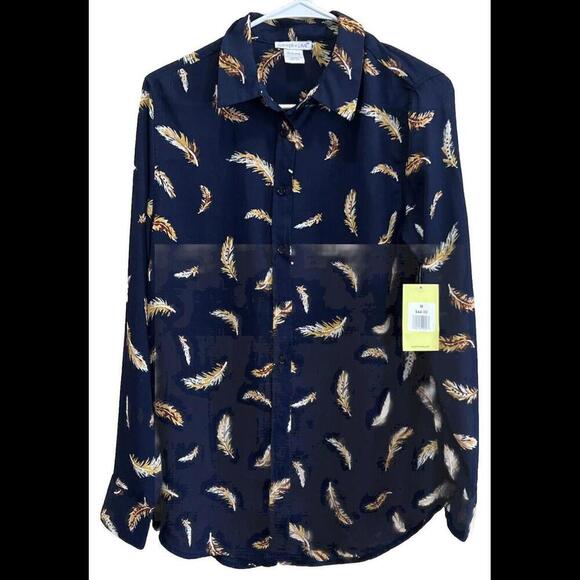 Juniper & Lime Navy Feather Blouse Shirt Sz M Long Sleeve NWT - Picture 1 of 5